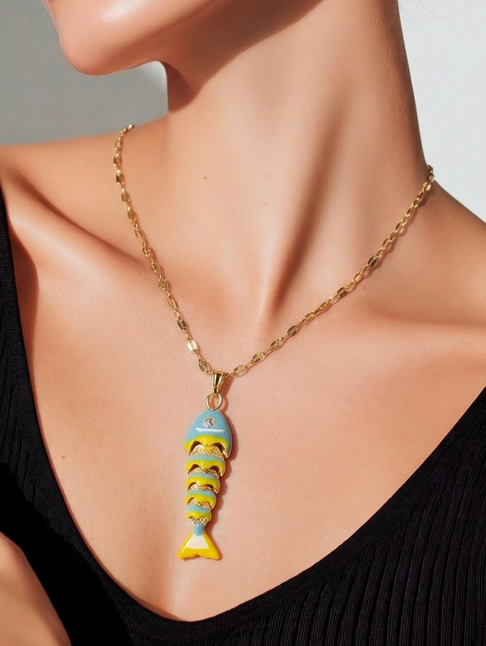 Koi Fish Necklace Aqua Enamel Gold Pendant Lucky Charm Jewelry Coastal Whimsy